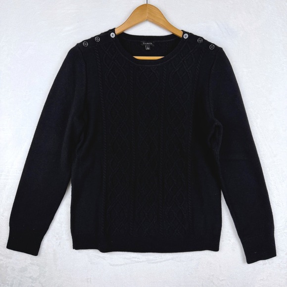 Talbots Sweaters - Talbots Womens Black Lambswool Blend Cable Knit Shoulder Button Sweater Large